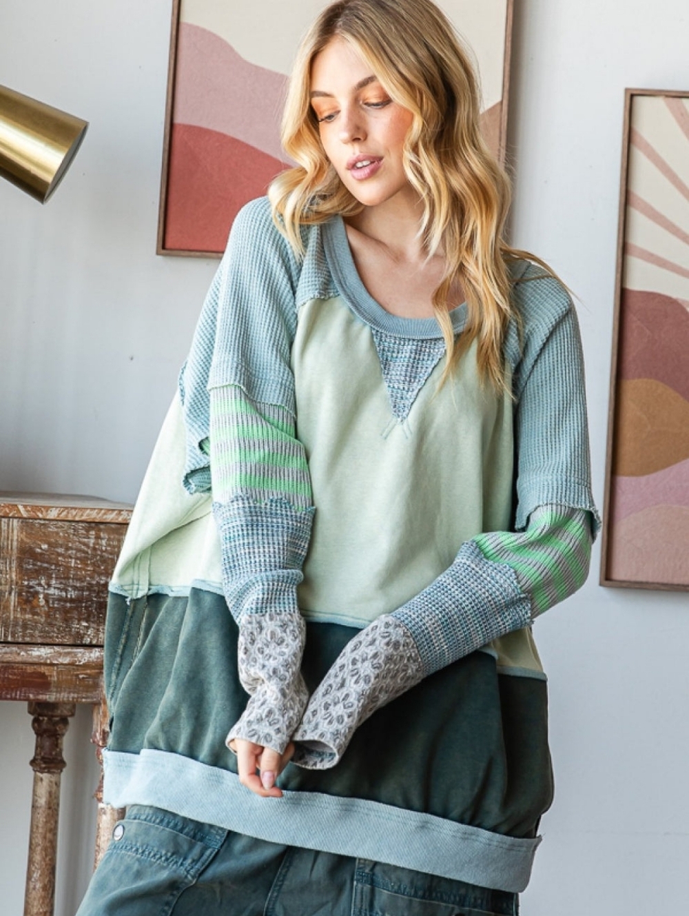 Oli & Hali All In The Cuff Mixed Print Washed Pullover